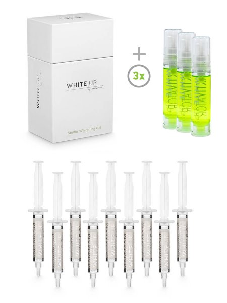 Zahnbleaching Gel "WHITE UP" by smilestore (9er Box) + 3x Aktivatorspray